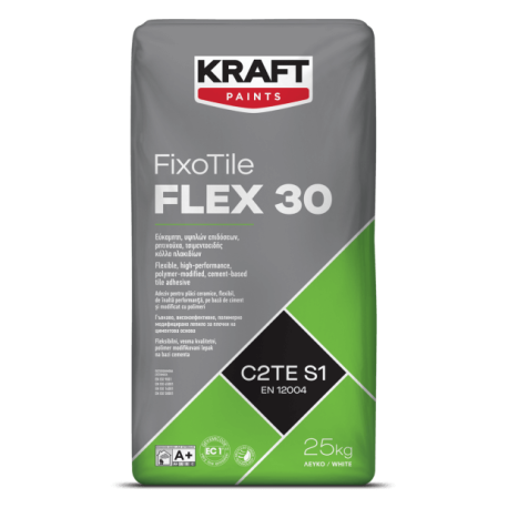 Kraft FixoTile Flex 30 alb 25Kg adeziv pentru placi ceramice, flexibil, de inalta performanta, pe baza de ciment C2TES1
