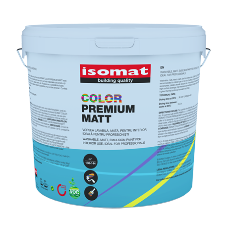 Isomat PREMIUM COLOR MATT alb 25L vopsea lavabila mata, de calitate premium, pentru interior